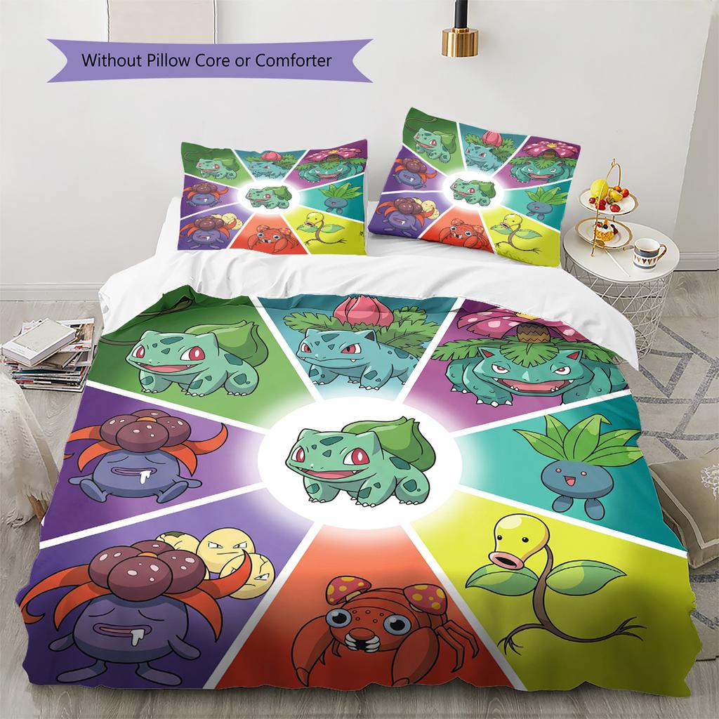 Bulbasaur Pattern Bedding Quilt Set Quilt Cover Pillowcase Home Decoration Birthday Gift (1 * duvet cover + 2 * pillowcase, without core)