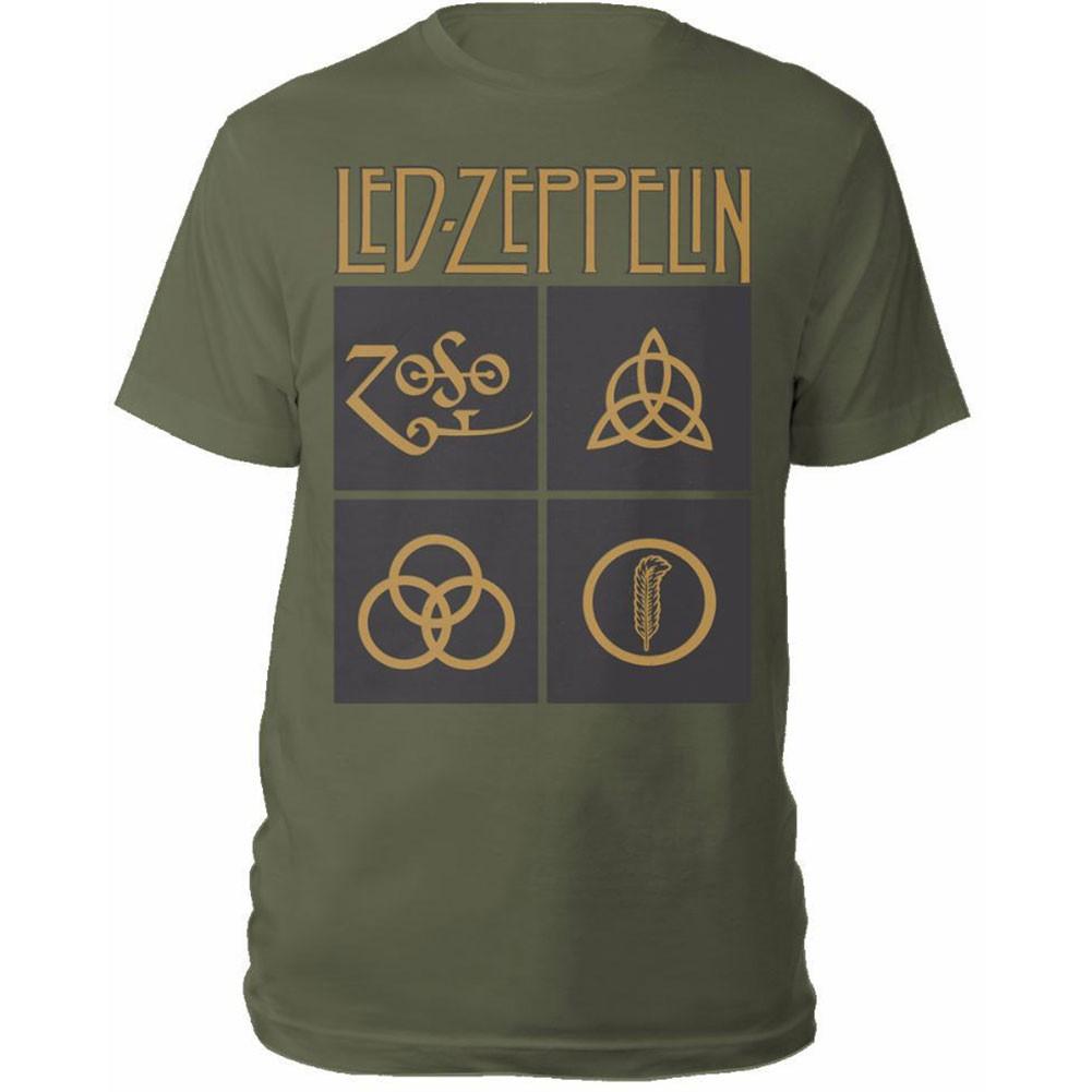 Men s Led Zeppelin Gold Symbols In Black Square Slim Fit T-shirt Small Green XXL