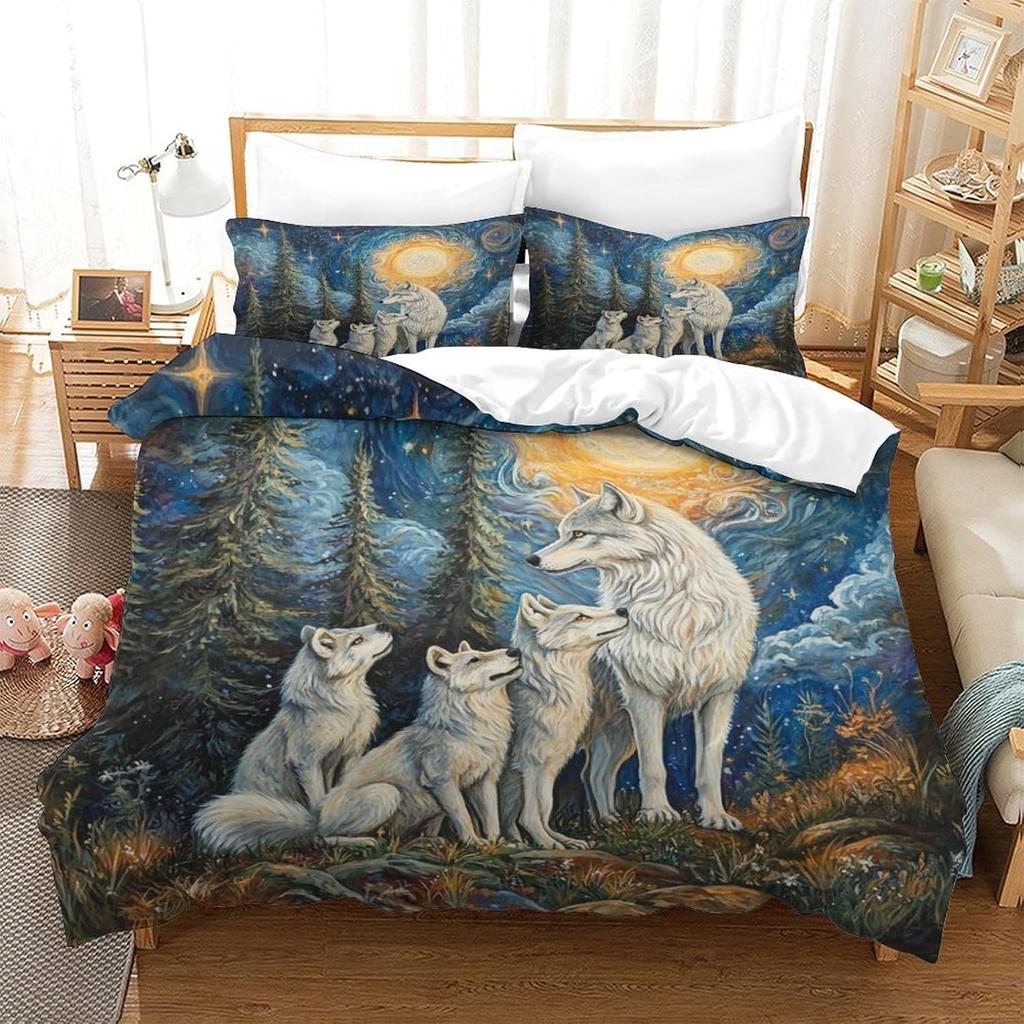 Wolf Duvet Cover Double Microfiber Bedding Set, 3D Print Wolf Duvet Quilt Cover and Pillowcase With Zipper Closure for Kids