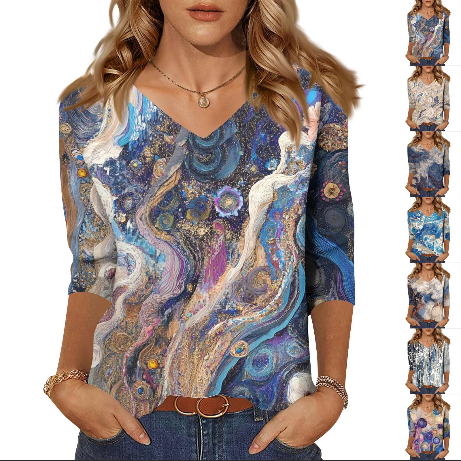 

Women s Tops Three-quarter Sleeve Shirt V-neck Loose Casual Shirt Print T-shirt S фіолетовий