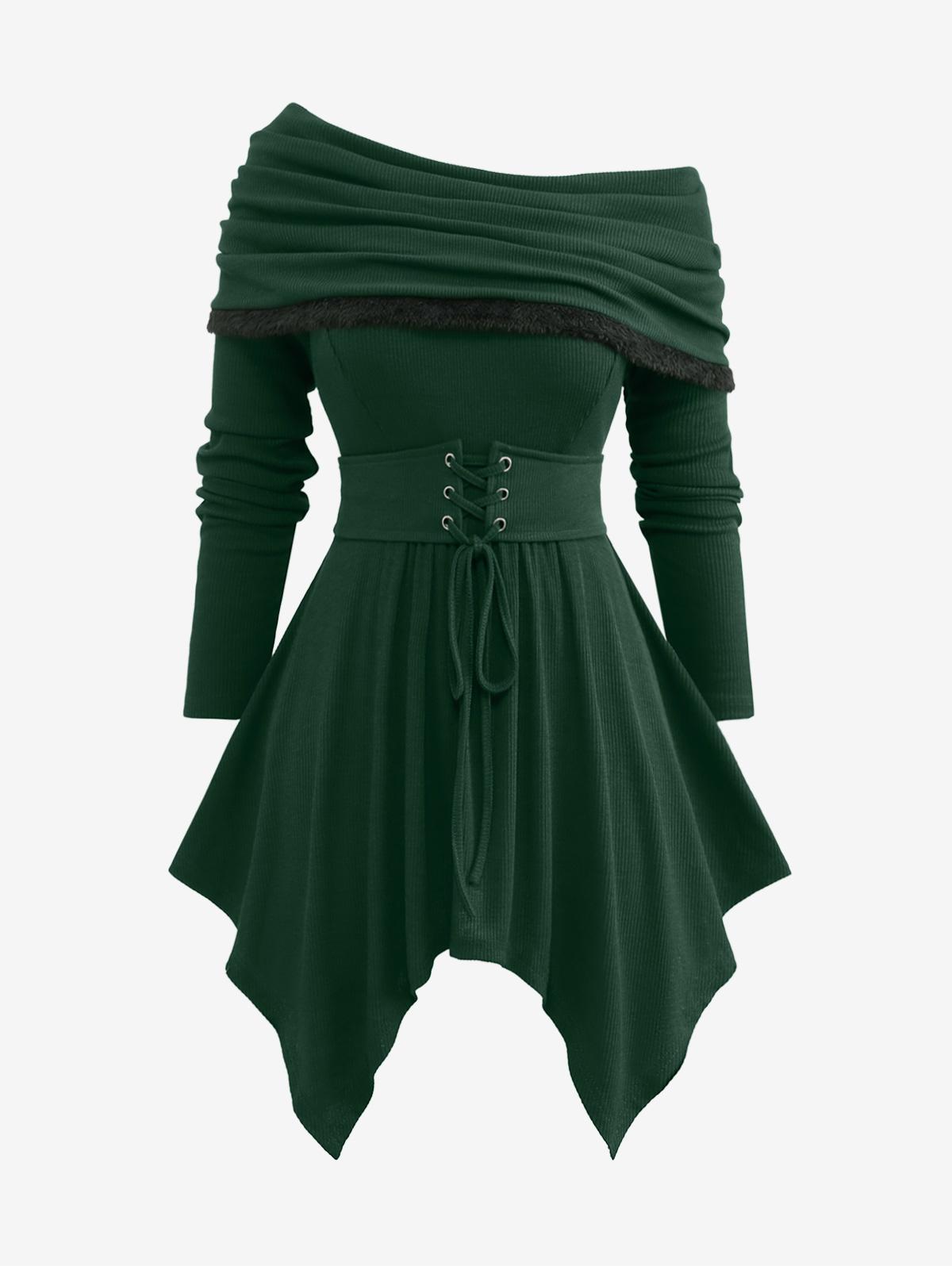 

Rosegal Plus Size Отложной воротник Ребристый шнуровка Присборенный платок Однотонная футболка 2XL глубокий/зелёный