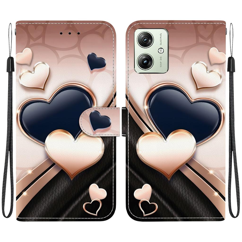 Handmade PU Leather Flip Case for Motorola Moto G54 Anti-Slip Shockproof Cover with Wrist Strap & Heart/Rose Cat Designs