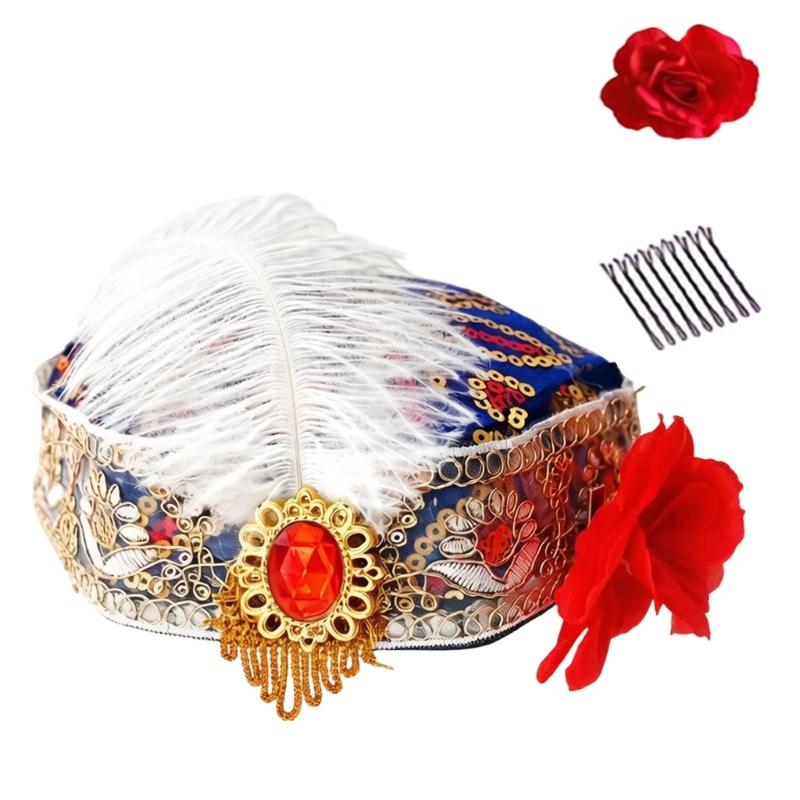 Elegant Ethnic Dance Event Hat With Feathered And Sequins For Women Stage Performances Folk Dance Costume Accessories