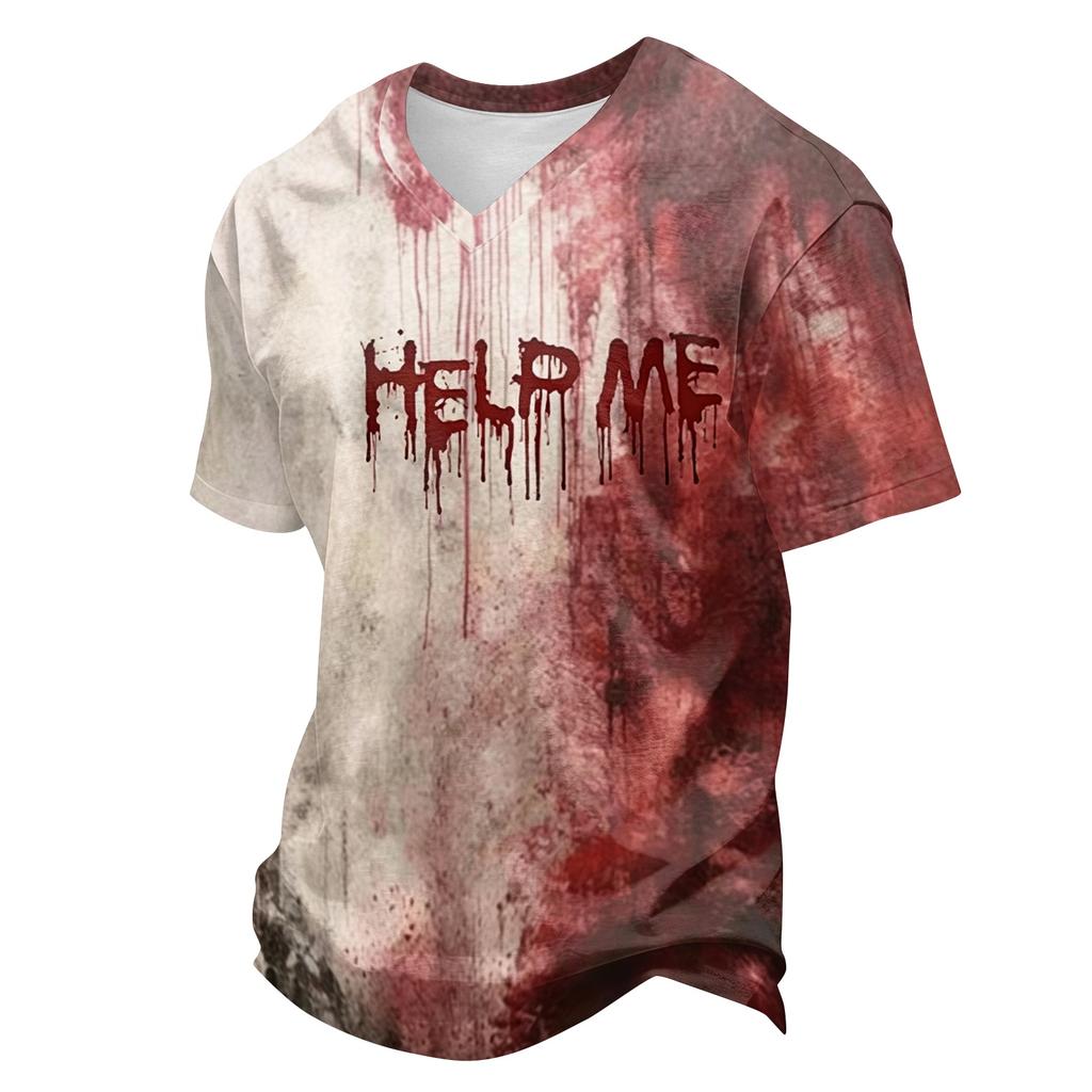 Men's Halloween V-Neck Short Sleeve T-Shirt, Lightweight Breathable Casual Print Tee, Fun Holiday Top for Costume Party