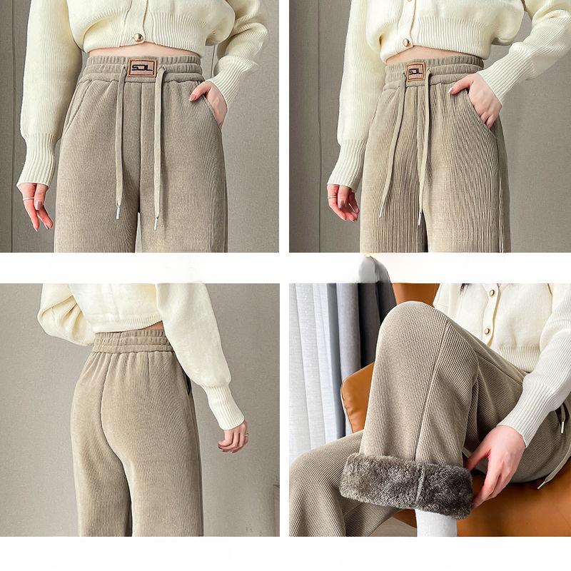Thickened Lamb Plus Size Corduroy Wide-leg Pants for Women, Perfect for Autumn and Winter Casual Wear