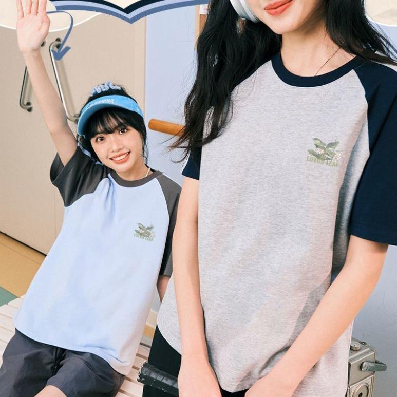 Women Summer Loose Cotton Tshirt Chinese Style Contrast Color Short Sleeve Tops