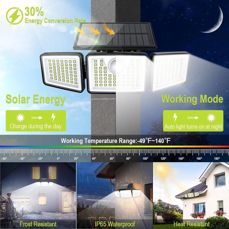Solar Lights Outdoor 233 LED High Brightness Solar Motion Sensor Lights 3 Heads 270° Wide Angle Illumination IP65 Waterproof