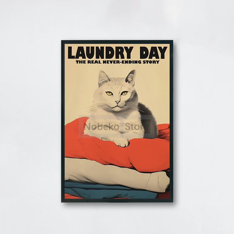 

Ретро забавный постер со стиральной машиной и кошкой, принты на холсте, настенные картины, домашняя комната, ванная комната, винтажное украшение 21x30cm No Framed