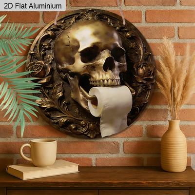 2D Flat Aluminum Gothic Black Skull Bathroom Sign Metal Wall Decor, Guest Bathroom Hanging Sign Decor Farmhouse Wall Decoration Sign for Toilet