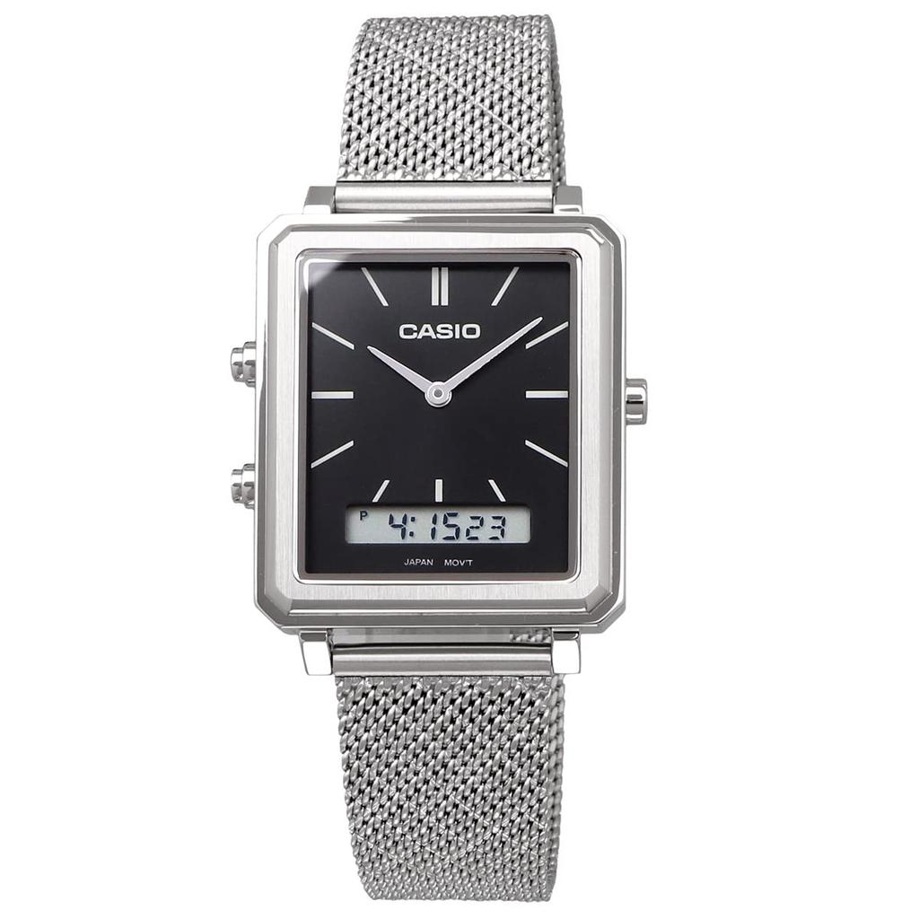 Casio Standard Analog-Digi Rectangular Face Men's Watch MTP-B205M-1E with Stainless Steel Mesh Band, Black, Overseas Model [Parallel Import]