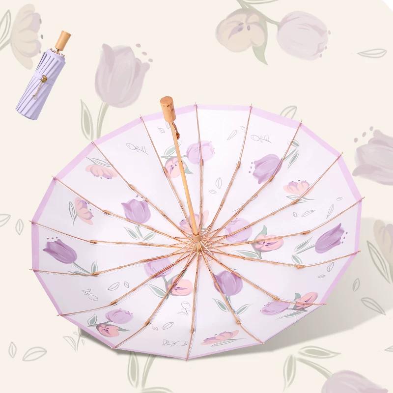 Sun Umbrella Women Sun Protection UV Protection Sun Umbrella Women Plus Size Wind-Resistant Strong Folding Sun Umbrella Dual-Use 16 Bones