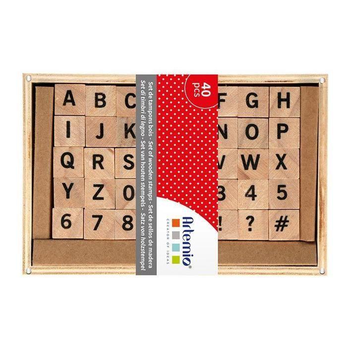 Set de tampons bois - Artemio - Alphabet - 40 pièces - 1.5 cm - Boîte en bois 15x10x4.5 cm