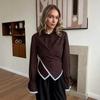 Old Money Stil Gestreift Asymmetrisches Wickel Langarmhemd Spitzenbesatz Kreuzbindung Polokragen Oberteil