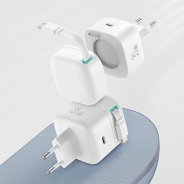 Usams Ład. Siec. 1Xusb-C Ze Zwijanymkablem Usb-C Retractable Pd+Qc 35W Gan Fast Charging Biały/White Xmf Series Cc202Tc02 (Us-Cc202)