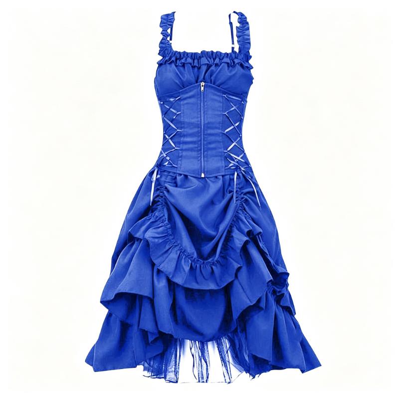 Women's Plus Size Gothic Corset Dress Vintage Lace Up Ruffle Layered Halloween Cosplay Prom Evening Party Formal Dress