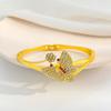 Vintage Full Paved Stone Butterfly Flower Bangle Dual Hollow Curved Band Snap Clasp Floral Insect Statement Wrist Jewelry for Women