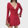 2024 European & American Deep V Long Sleeve Tie-Pleated Backless Dress