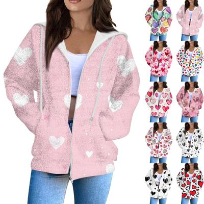 Women's Fashion Casual Long Sleeve Valentine's Day Print With Pocket Zipper Cardigan Jacket