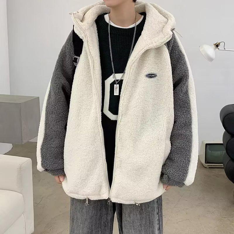 Men's Winter Sherpa Fleece Hooded Jacket - Korean Style Color Block Lambswool Patchwork