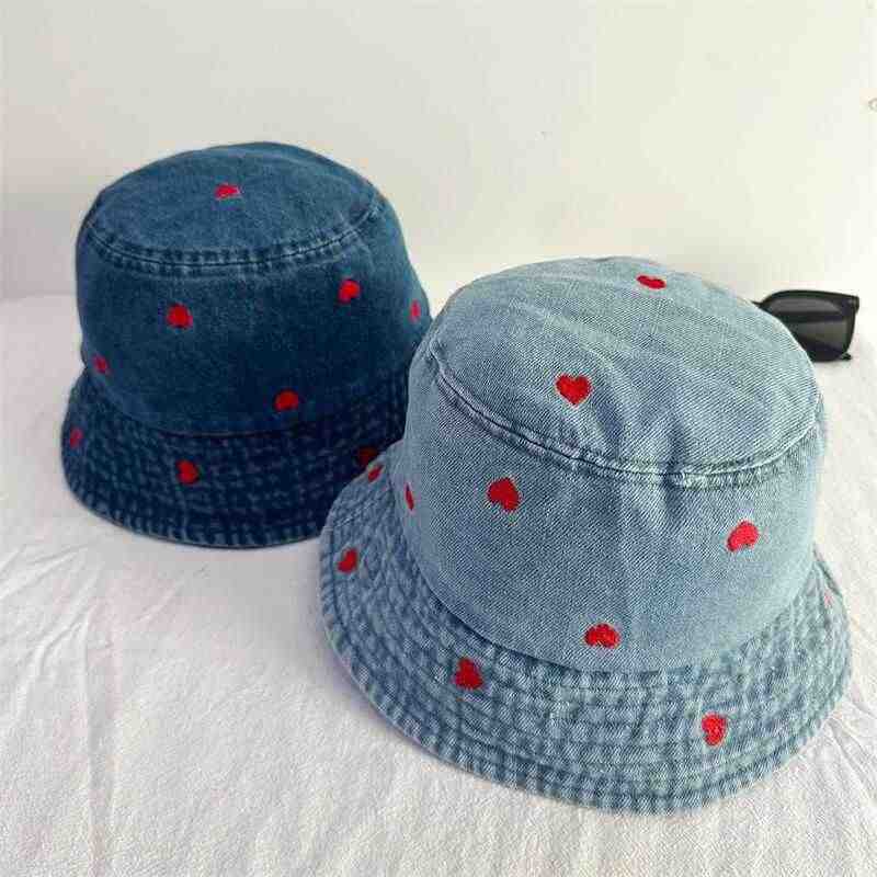 Red heart embroidered cowboy bucket hat female Harajuku retro Hong Kong wind basin hat Internet celebrity spring and summer visor bucket hat