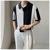 Summer Casual Loose Trendy Men's Short Sleeve Polo Shirt Trendy Gray and White Color Block Turn-down Collar Breathable Men's Knit Shirt