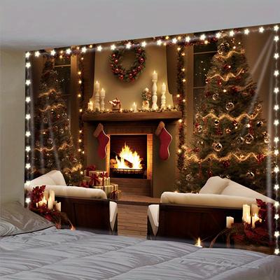 Christmas Fireplace Tapestry Wall Hanging Gift Background Cloth Polyester Tapestry For Bedroom Living Room Dorm Holiday Party