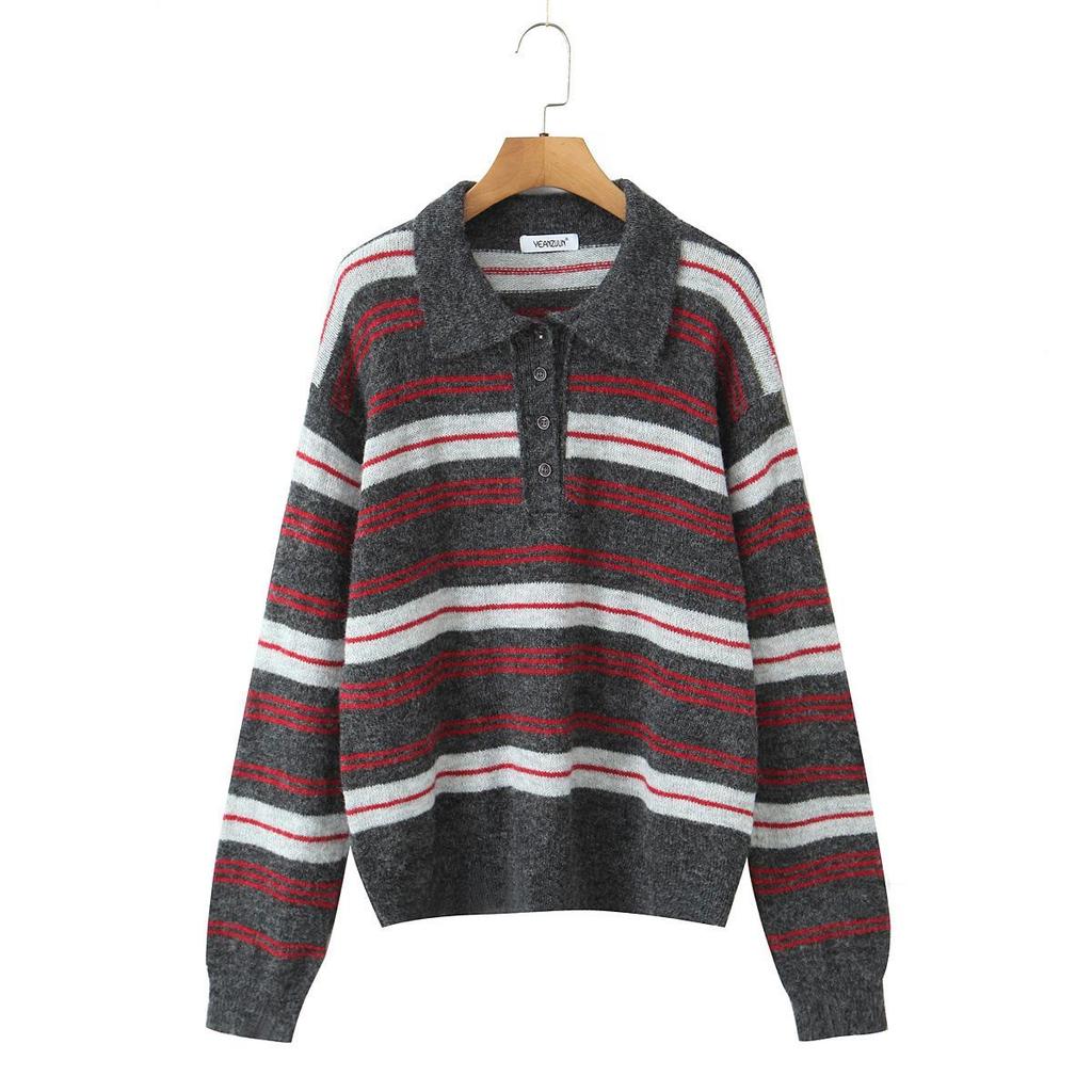 MIU Style Striped Lapel Women’s Autumn Knit Polo Sweater Retro Loose Fit