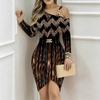 Women Plus Size Asymmetric Cold Shoulder Long Sleeve Spliced Leopard Print Irregular Wrap Bodycon Midi Dress