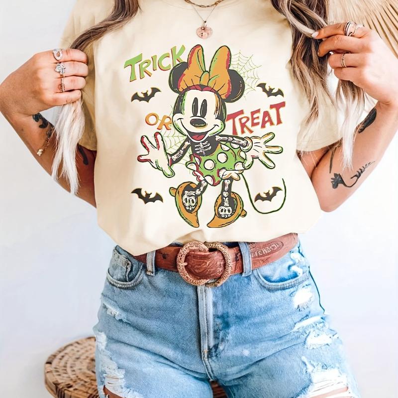 Halloween TShirt Womens Vintage Halloween Minnie Mouse Trick or Treat Graphic Short Sleeve Holiday Party S