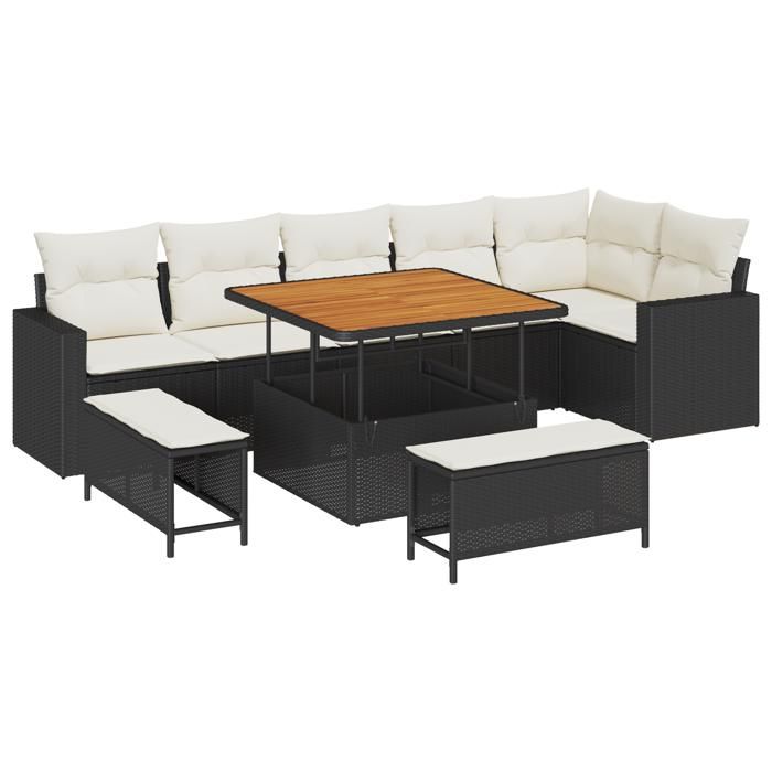 Canapé de Jardin 9 Pièces vidaXL avec Coussins Rattan Poly Noir, Ensemble Salle à Manger de Jardin 3 Pièces vidaXL361625