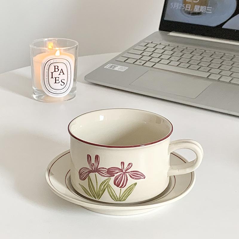 Clay Hand-painted Style Vintage Ceramic Coffee Cup And Saucer Suit Afternoon Tea Tulip Lily Cup And Saucer Set