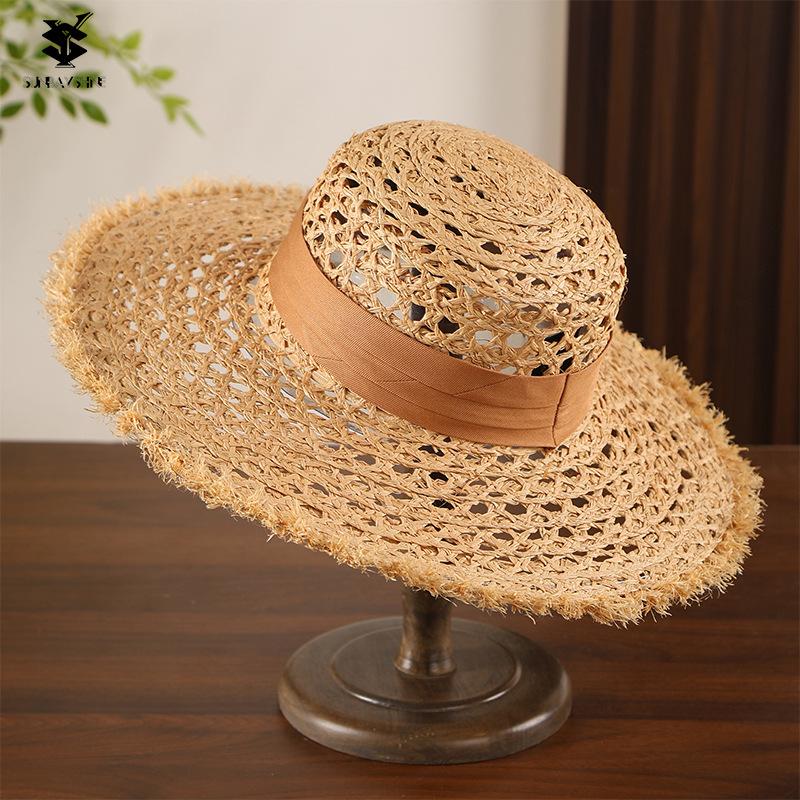 High Quality Fashion Breathable Fringe Brim Raffia Ribbon Flat Top Straw Hats for Women