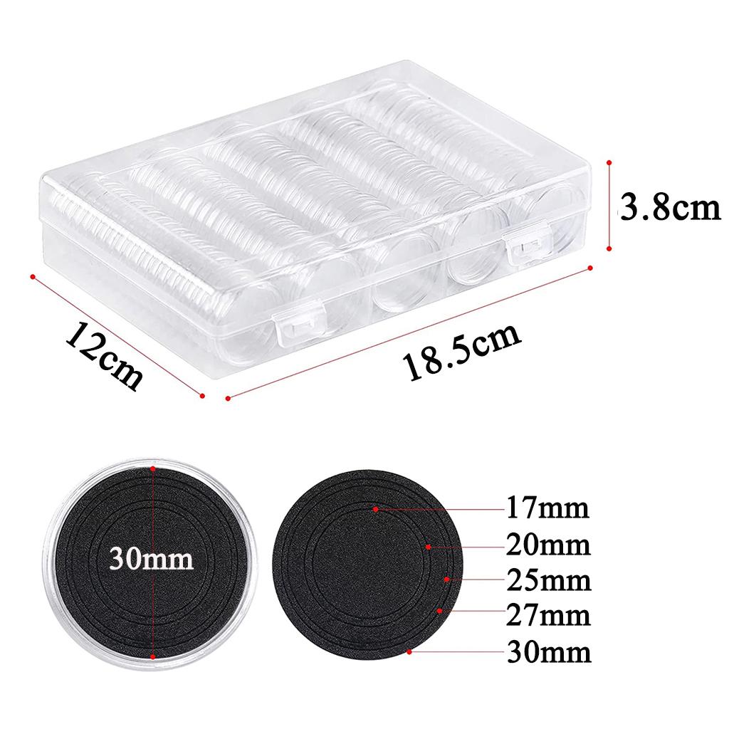 100 Stuks Muntcapsule Hoesje en Verstelbaar (17/20/25/27/30mm) Beschermende Zwarte Pakking Munt Houder met Plastic Opberg Organizer Doos