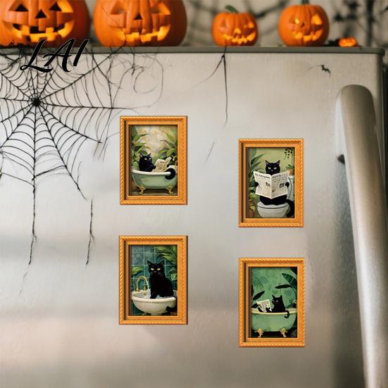 Retro Wood Picture Frame Magnets Black Cat Wooden Refrigerator Magnet Halloween Theme Decorative Cute Pumpkin Magnet Set Magnetic Decal for Kitchen