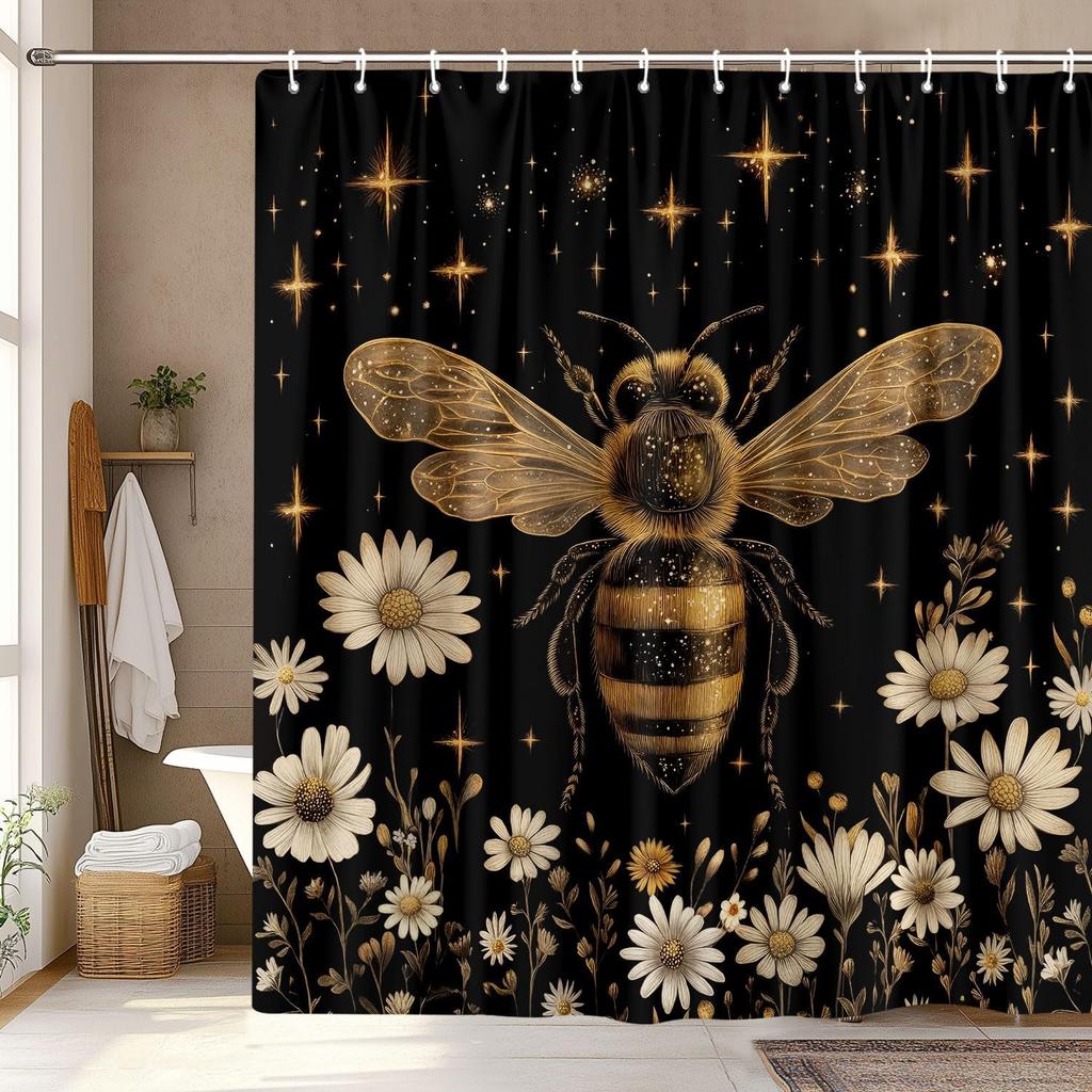 Vintage Boho Shower Curtain Black And Gold Floral Bathroom Aesthetic Decorative, Funny Rustic Bee Daisy Flowers Witchy Eclectic