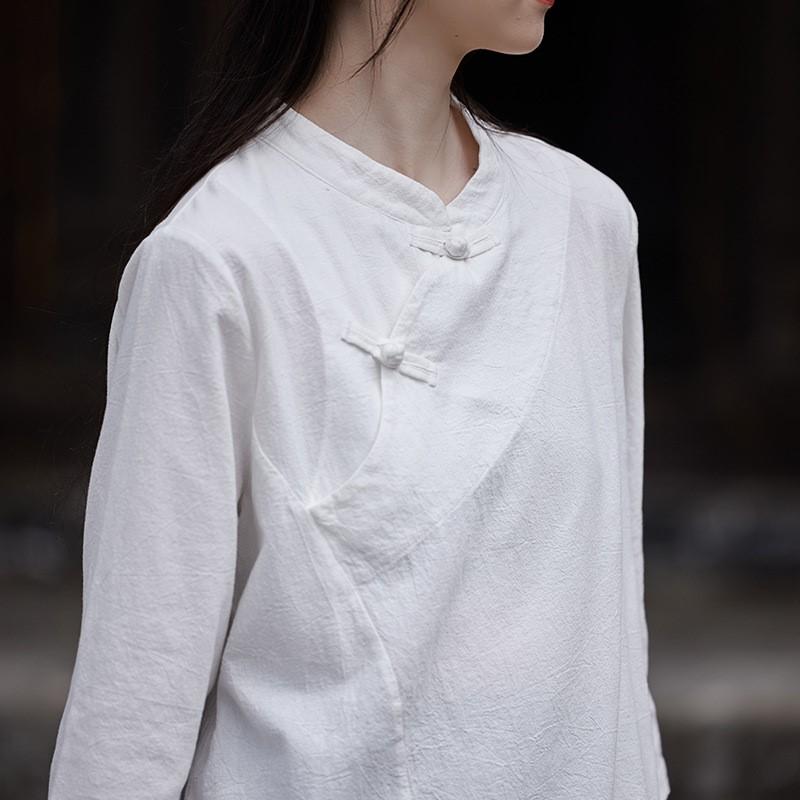 Johnature Damskie bawełniane lniane koszule w stylu vintage topy stoją bluzki z siedmioma rękawami jesienne koszule w stylu vintage w jednolitym kolorze