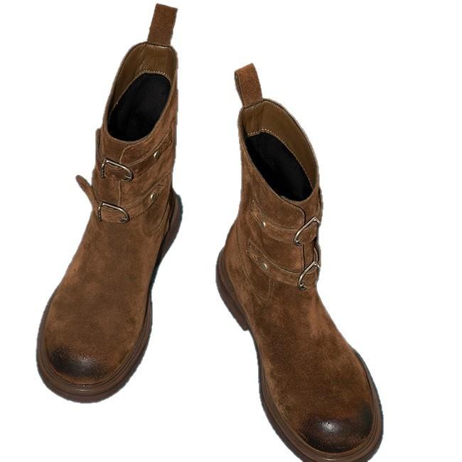 Cowhide Version~ Retro Polished Round Head Belt Buckle Martin Boots Women's 2025 New Thick Heel Western Cowboy Boots Short Boots