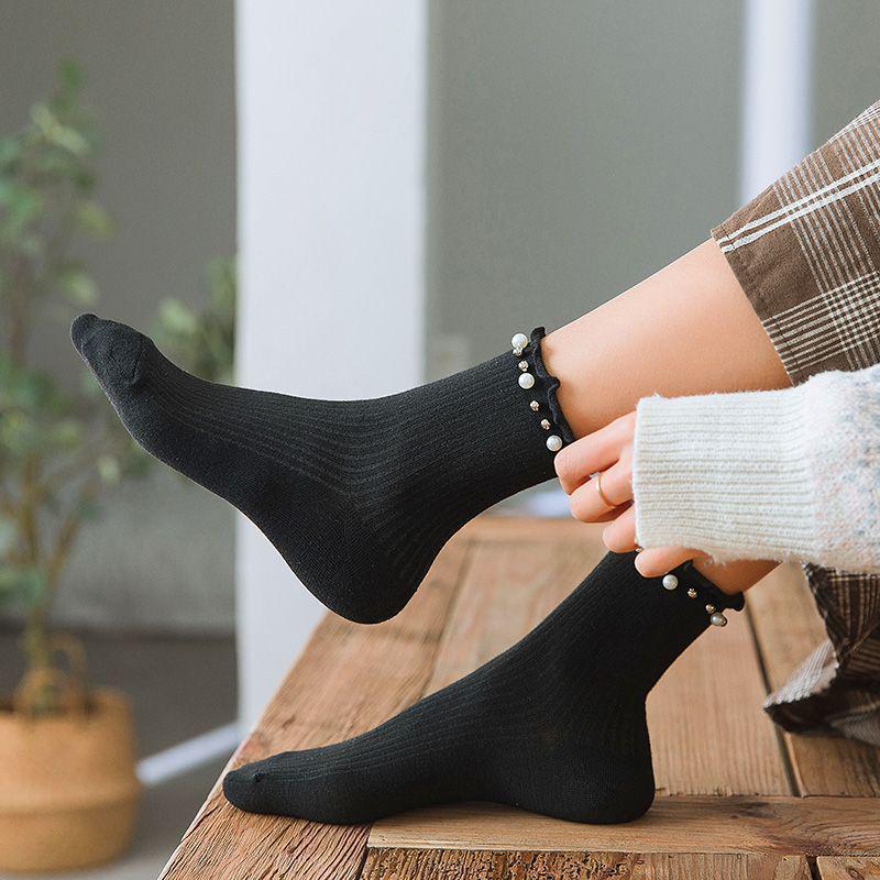 Kinder Schwarz Perle Rüschenkante Mid-Calf Baumwolle Spitze Socken