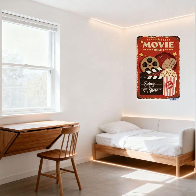Vintage Movie Night Metal Tin Sign - Red Background with Film Reel, Clapperboard, Popcorn Bucket & Tickets for Home Theater Café