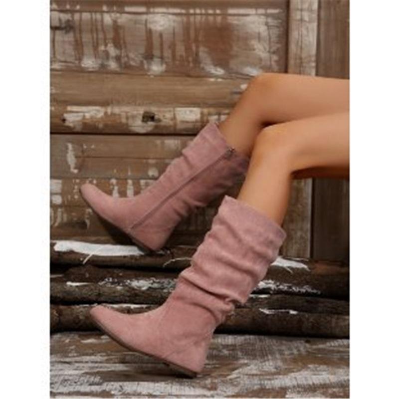 Women Western Mid‑Calf Boots Suede Wrinkle Flat Heel Side Zipper Casual Slouch Boots Fashion Fall Winter Daily Shoes