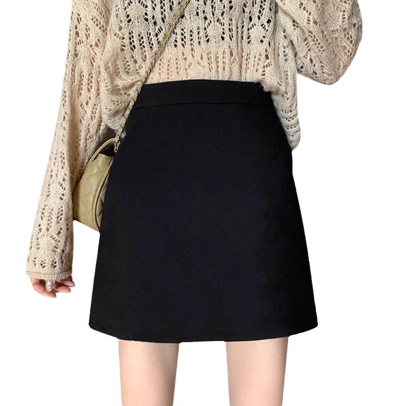 Women's High-Waist Black Woolen A-line Autumn/Winter Short Skirt, Slimming Hip Wrap Design 2026