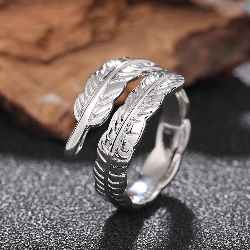 Sterling  Feather Shaped Open Ring for Women Punk Vintage Party Adjustable Finger Jewelry Retro Accessories