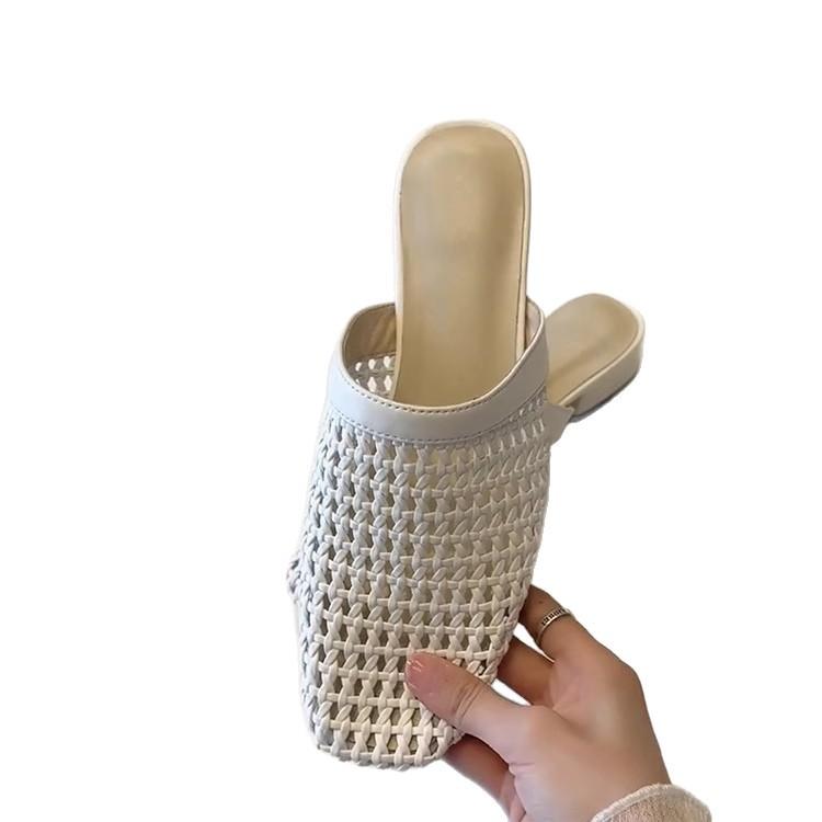Self-kept version~ Simple soft leather hand-woven hollowed-out one-pedal bag head shoes women's low heels wear comfortable cool slippers