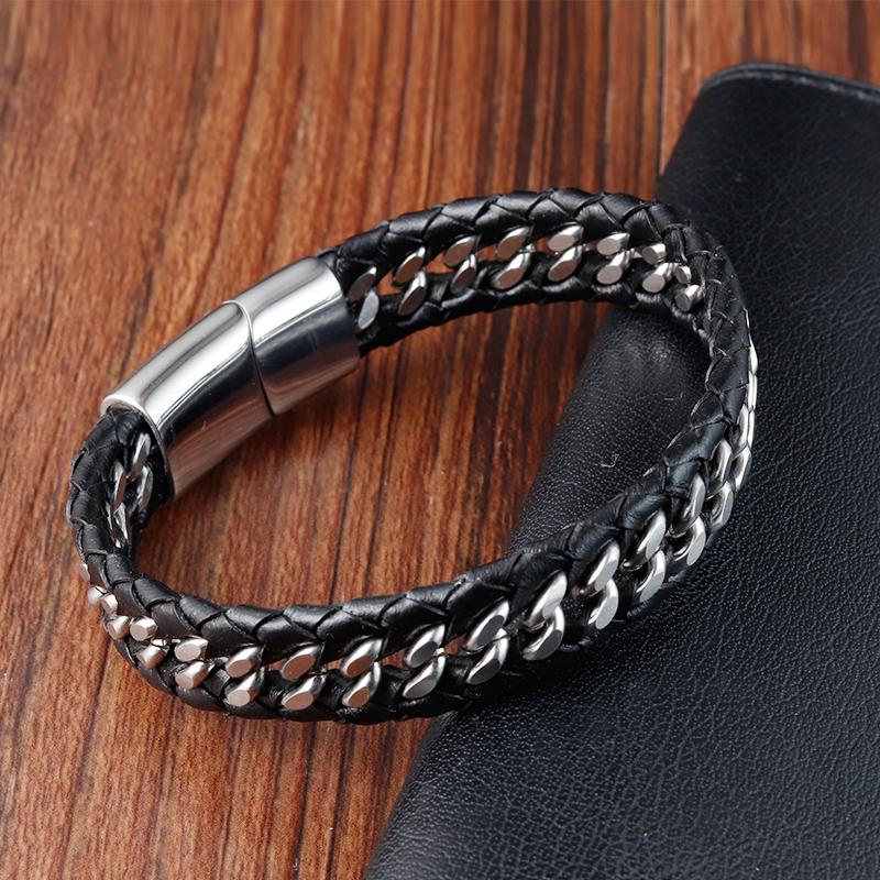 Braided Rope Woven Black Leather Men Bracelets Punk Style Stainless Steel Bangle for Friend Charm Fashion Jewelry Gifts