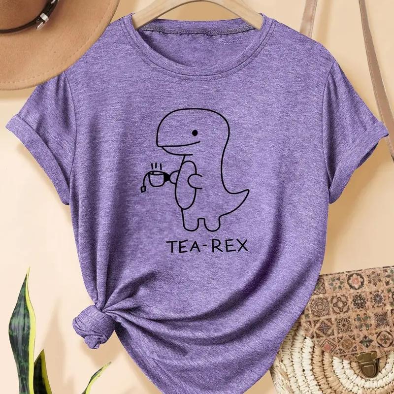 Women Summer T Shirt Retro Fashion Short Sleeve Tees Casual Dinosaur Printed  Tops