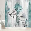 Turquoise Blue Farm Shower Curtain - 1Pc Country Wooden Bathroom - Daisy Flowers And Butterflies Design With 12 Hooks