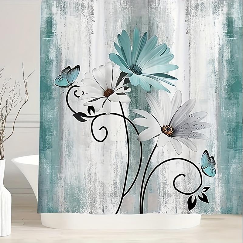 Turquoise Blue Farm Shower Curtain - 1Pc Country Wooden Bathroom - Daisy Flowers And Butterflies Design With 12 Hooks