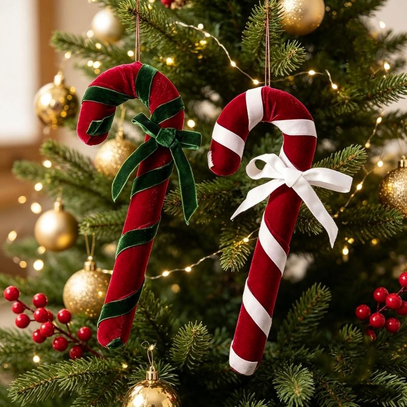 Ready-to-Display Canes Christmas Ornament with Fabric Construction and Ribbon Detail for Gift Boxes and Wreaths