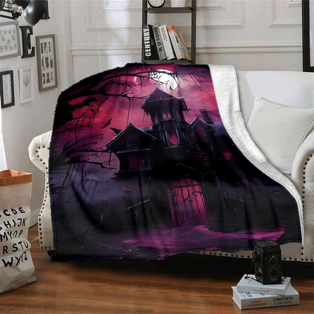 1pc Haunted House Moonlit Blanket, Lightweight Flannel Throw Blanket for Sofa, Bed, Travel, Camping, Living Room, Office, Couch052