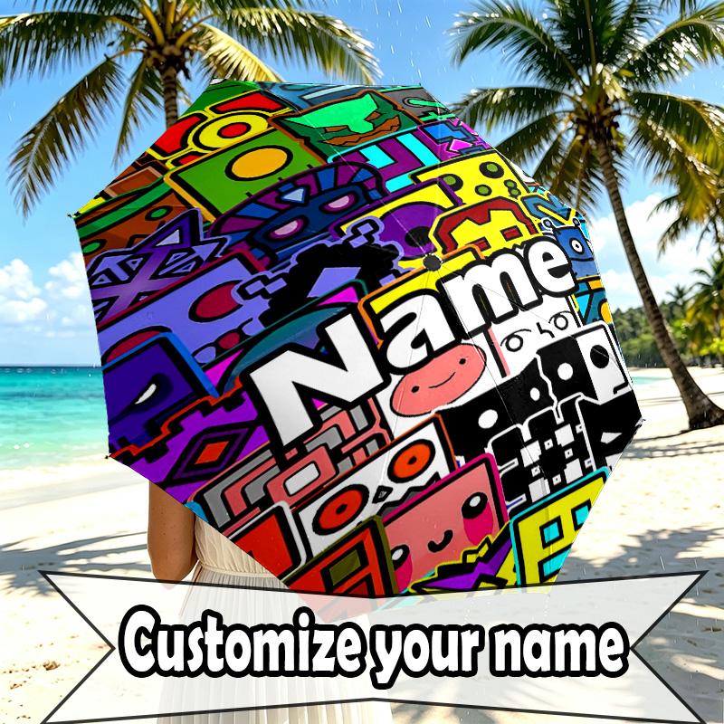 Custom Name Personalized Geometry Dash Print Umbrella, Auto Open Close, 8‑Rib Sturdy Frame, Commute Camping Hiking Use, Birthday Gift